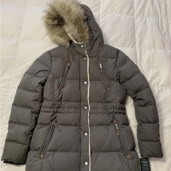 Ralph Lauren Gray Down Puffer Jacket parka with detachable Fur Hood size small - Picture 4 of 17